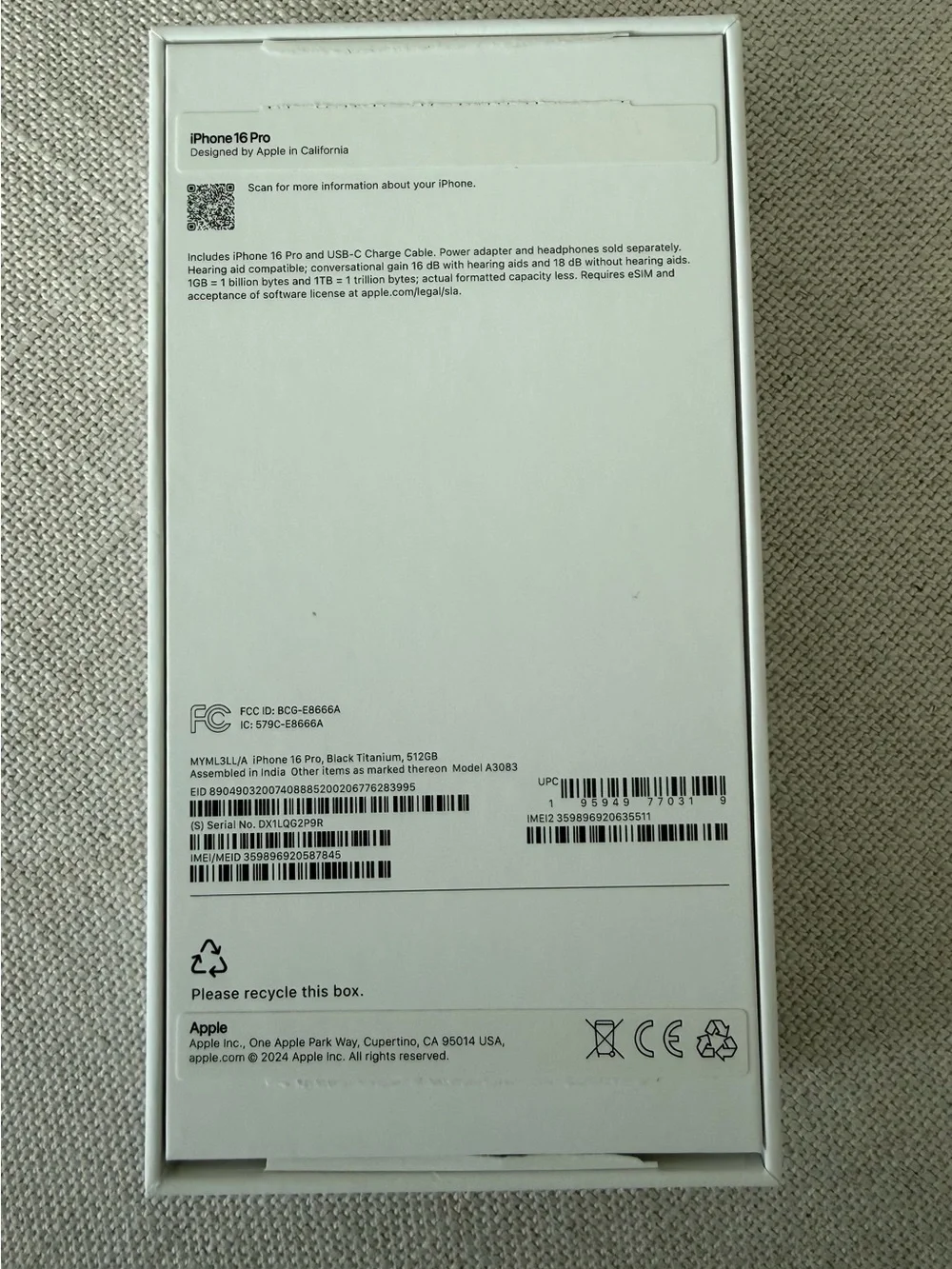Apple iPhone 16 Pro Empty Box Only black Titanium 512GB Model A3083